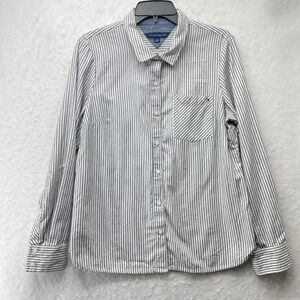 Tommy Hilfiger Shirt Women's L White Black Stripe Collared Button Up Long Sleeve